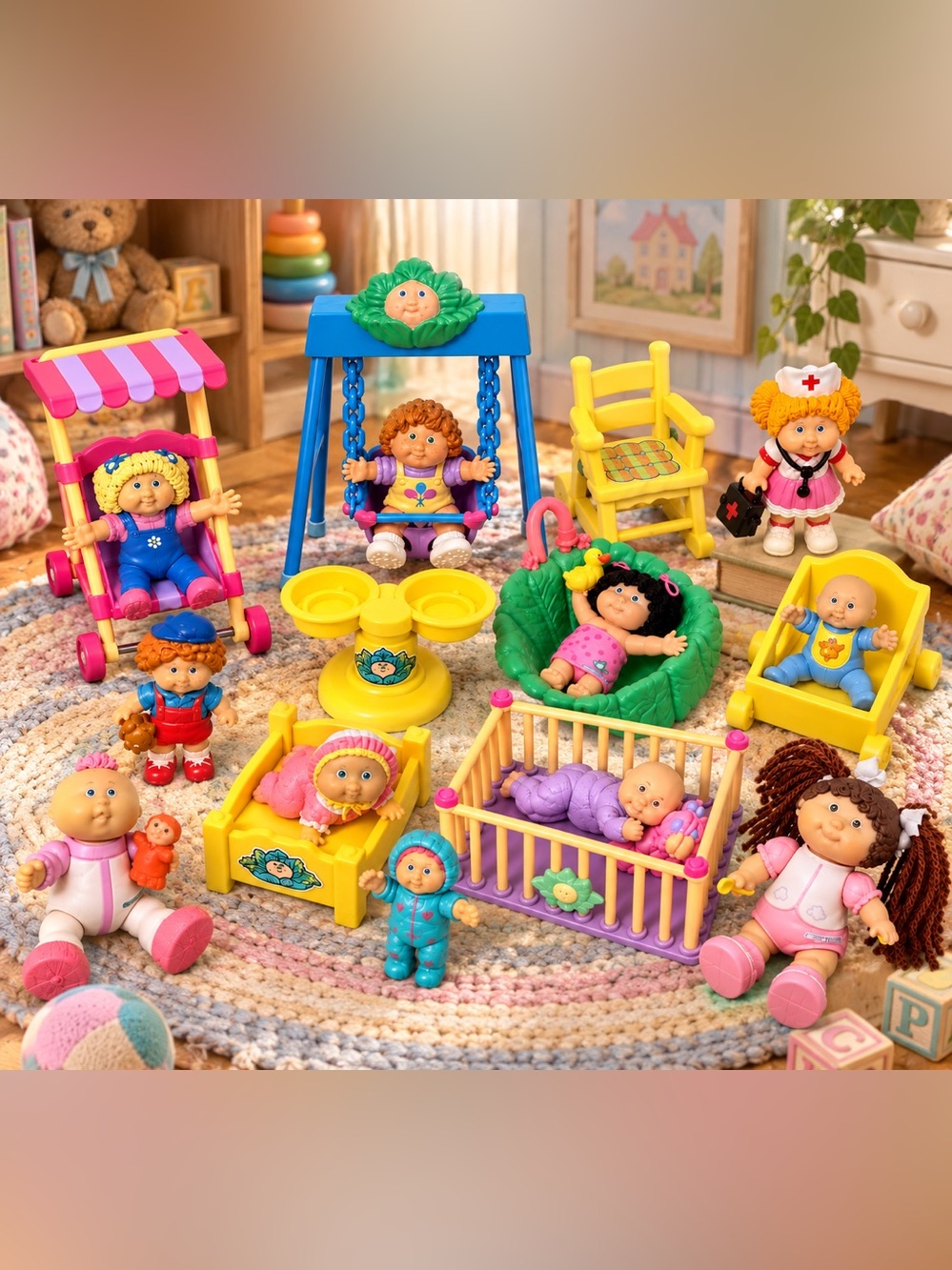 Vintage 1984 Cabbage Patch Kids Mini Figures & Furniture Playset Lot Coleco Pano